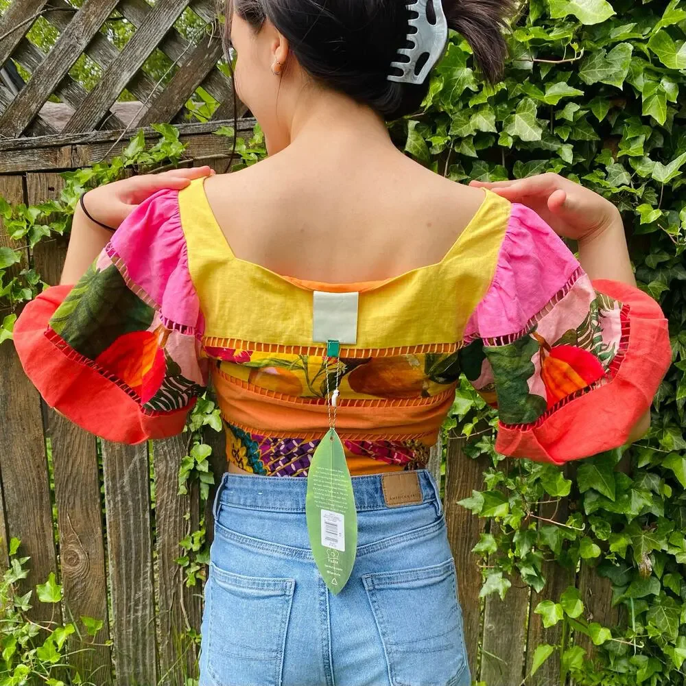 FARM Rio Rainbow Mixed Prints Tiered Linen Blend Crop Top Womens Size XS Orange - Picture 2 of 11